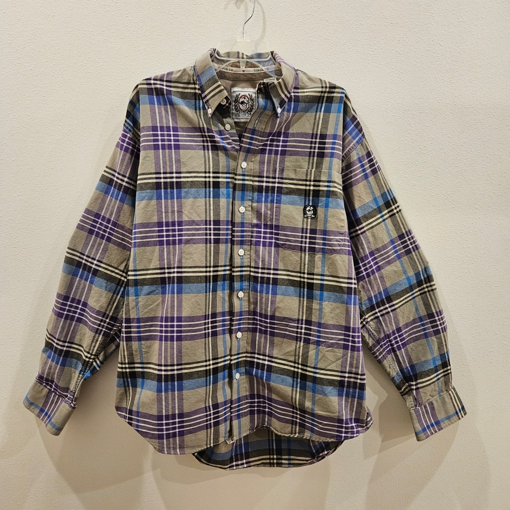Cinch Mens Plaid Button Down Shirt Purple Blue Tan Cotton Long Sleeve L - Picture 1 of 9